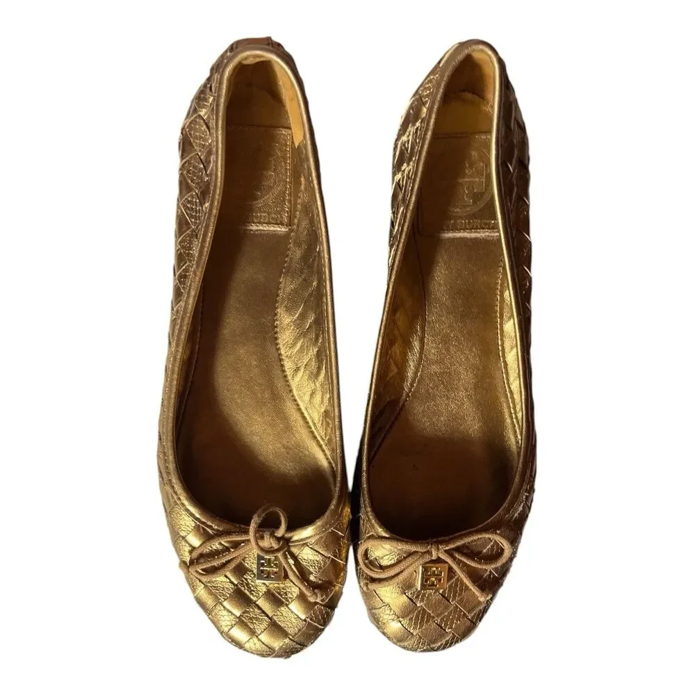 Tory Burch Prescot Womens Ballet Flats Gold Woven Leather Metallic Size 8.5 M